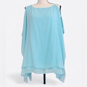 JM Collection Turquoise Poncho Top Lattice Sleeve Rhinestone Large Flowy Tunic